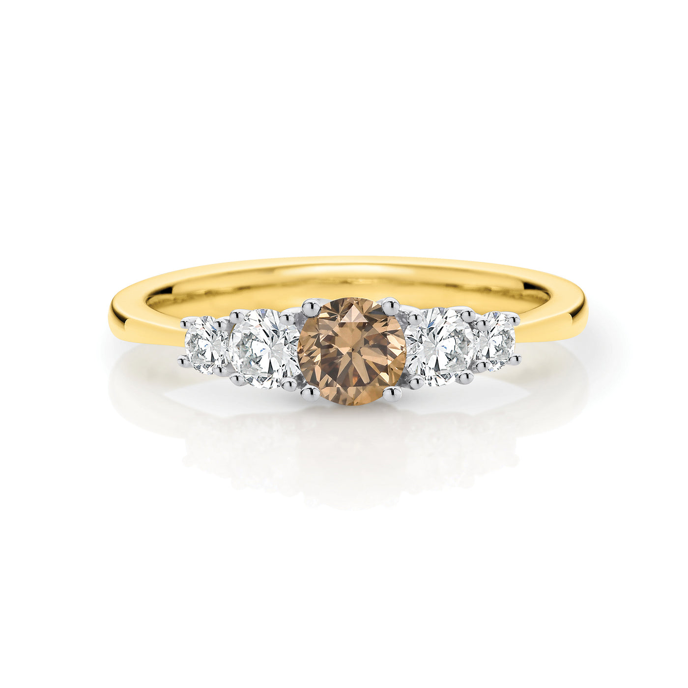 9ct yellow and white gold Kimberley Classic ring featuring 0.40ct Australian Chocolate Diamond with two white diamonds each side.