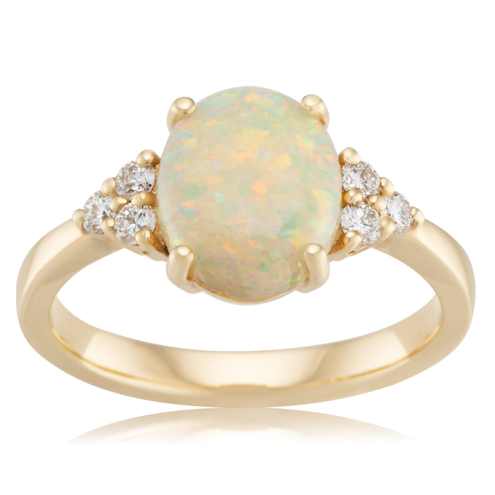 9k White Gold Oval Opal Ring with Diamond Shoulders