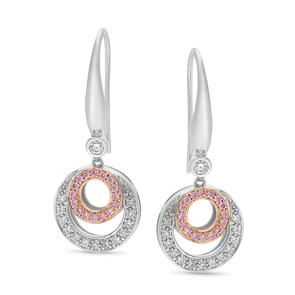 Pink Caviar circle drop earrings set with pink and white diamonds.