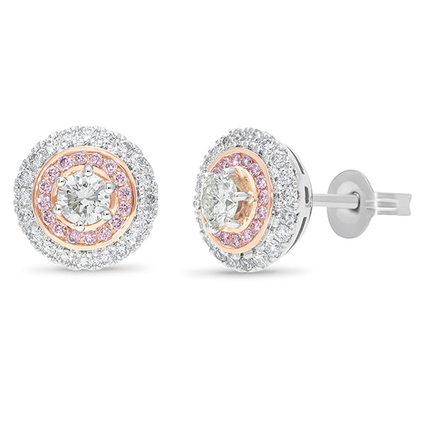 Pink Caviar double halo cluster stud earrings set with pink and white diamonds.