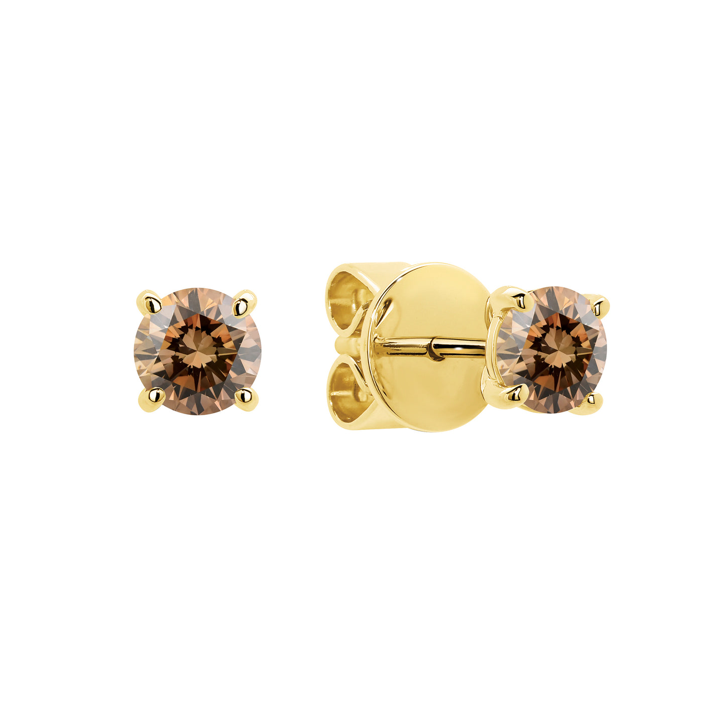 9ct yellow gold 4 Claw stud earrings featuring a RBC Australian Chocolate Diamonds in each stud.