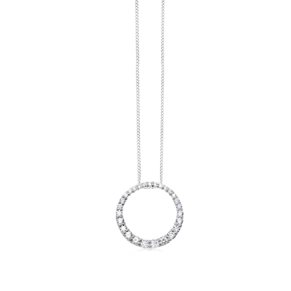 925 Sterling Silver CZ Circle Pendant. 20mm, 40cm+5cm ext