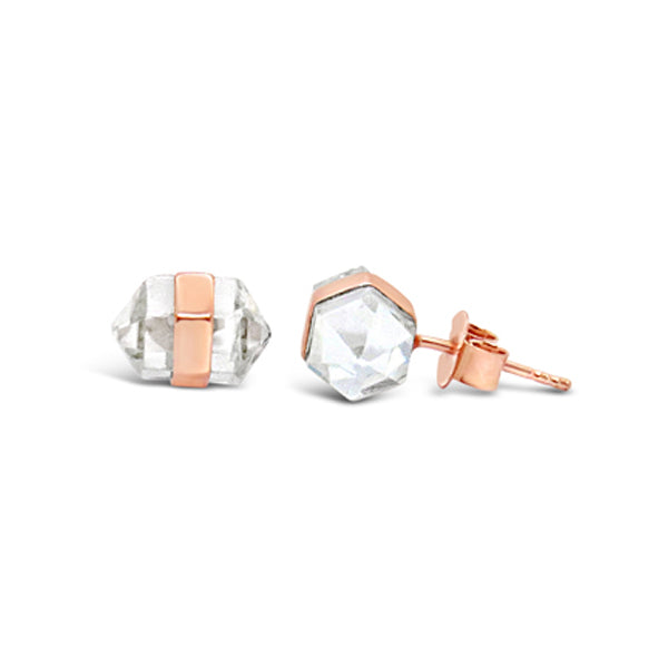 Sterling Silver & Rose Gold Plated Clear Quartz Point Stud Earrings 10mm x 0.8mm
