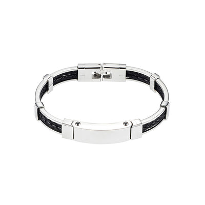 Polished Stainless Steel Bracelet with Double Strand Braided Black Leather