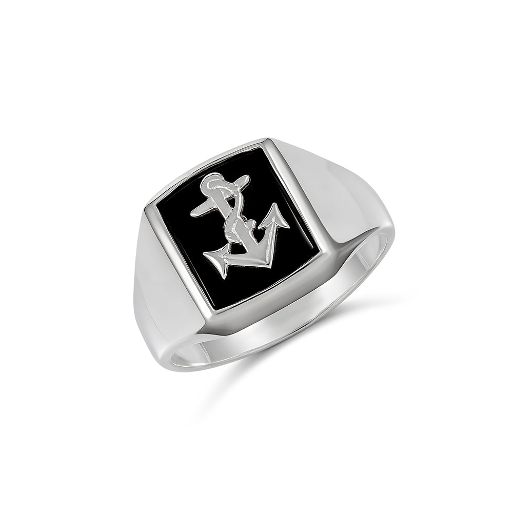Sterling Silver 12x10mm oblong Black Onyx Gents ring with Sterling Silver Anchor