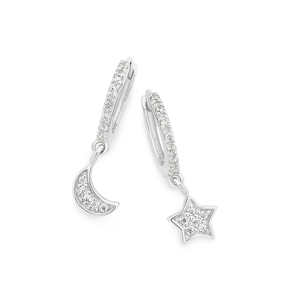 Sterling Silver CZ Moon & Star Hoop Earrings