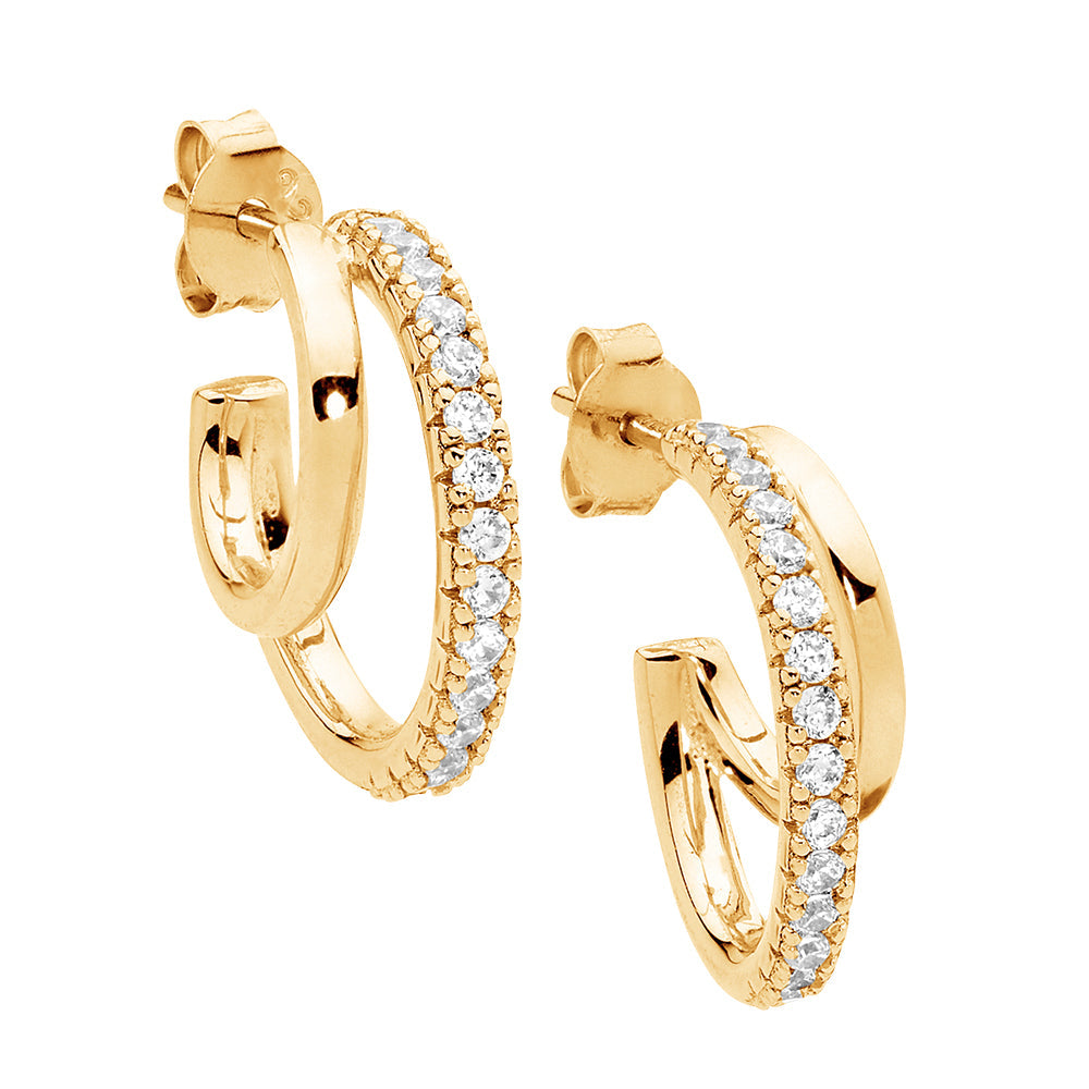 Sterling Silver Gold Plated Double Hoop CZ Earrings