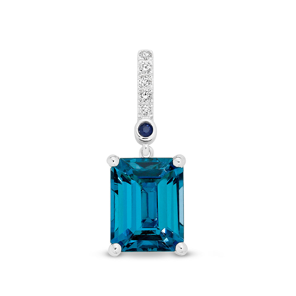 9k White Gold London Blue Topaz, Blue Sapphire & Diamond Pendant